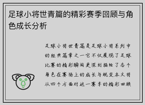 足球小将世青篇的精彩赛季回顾与角色成长分析