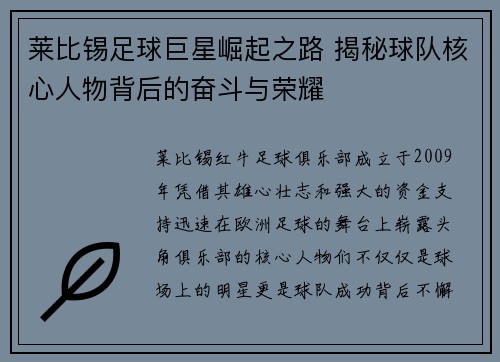 莱比锡足球巨星崛起之路 揭秘球队核心人物背后的奋斗与荣耀